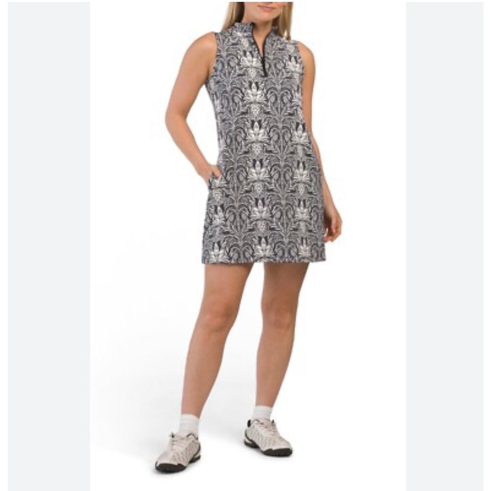 Tommy Bahama activewear dress black/white tropical pineapple print mock neck.